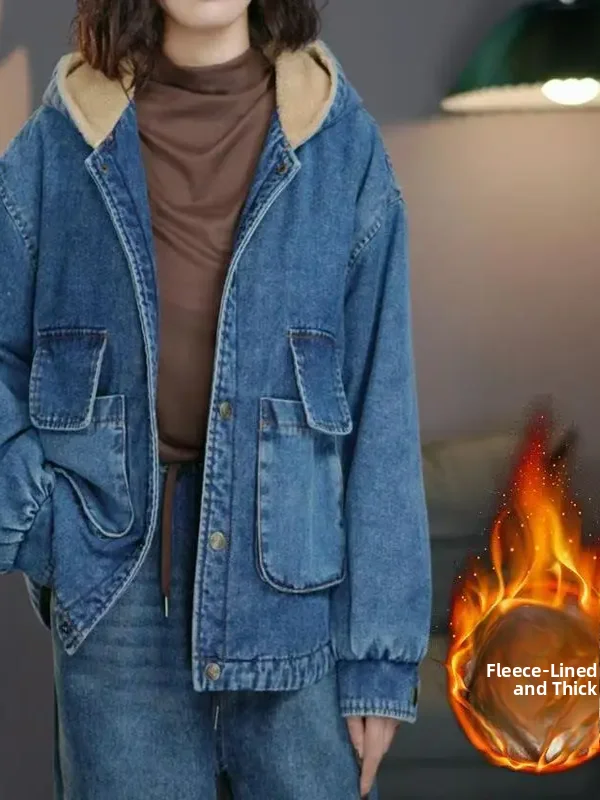

Winter New Style Women's Fleece Lined Denim Hooded Cotton Jacket Sheepskin Collage Casual Versatile Korean Loose Fit Coat