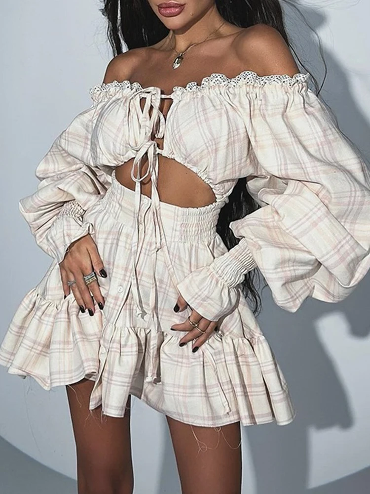 2025 mode courte Sexy femmes robes dentelle hors de l'épaule robe d'été avec lanterne manches Sexy découpé robe taille élastique