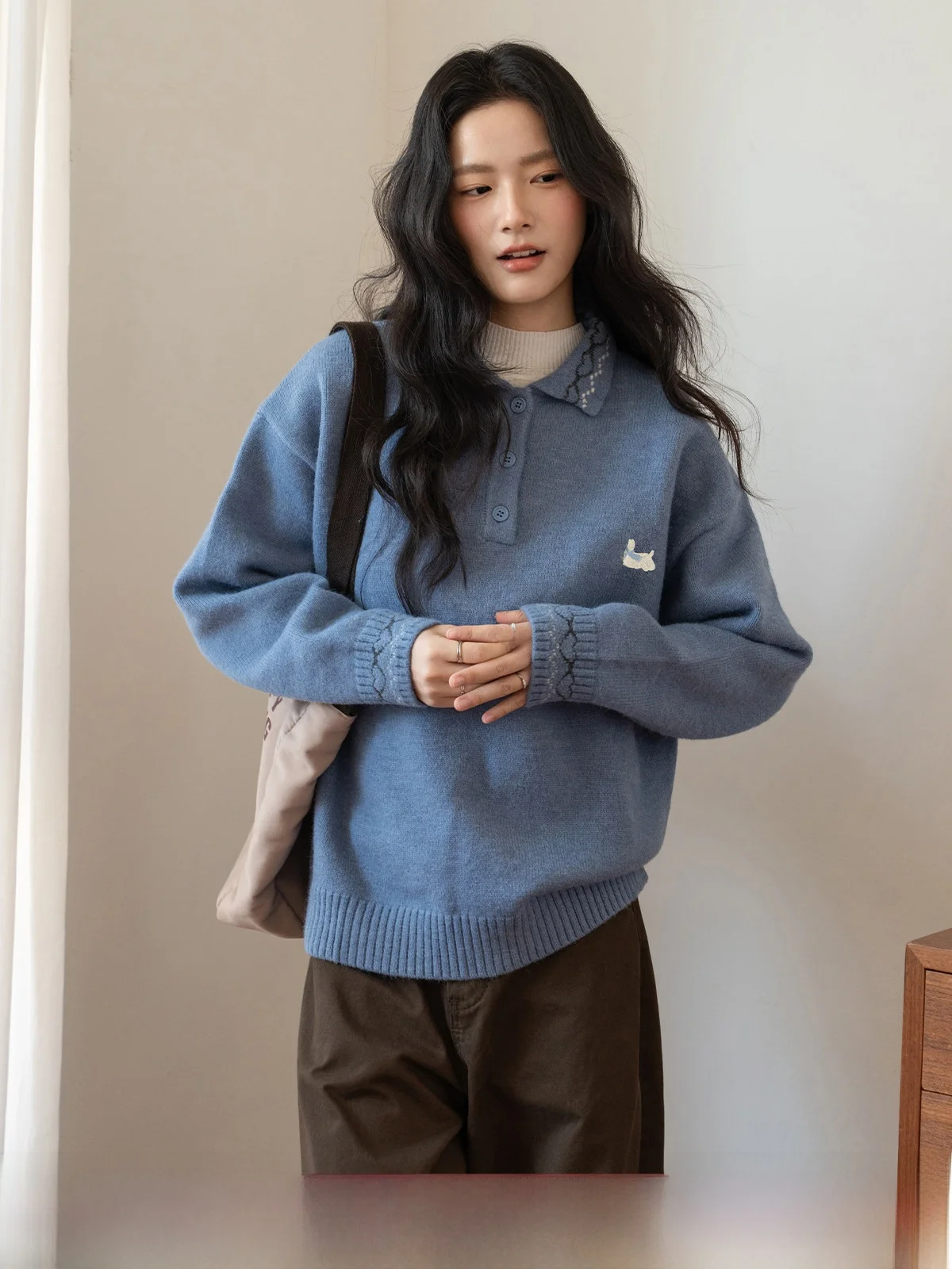 

Loose Long Sve Ne Knitted Sweater Women's Blue Embroidery Crew Ne Inner Wear Top Autumn Spring Lazy Sle