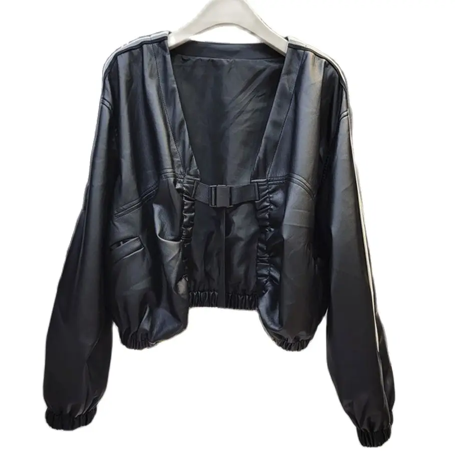 2023 Autumn New Loose PU Leather Jacket Contrast color Fashion Faux Leather Coat Women's Trend Female Outerwear Y4194