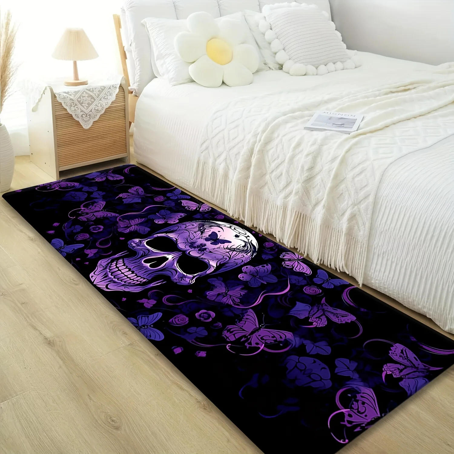 A Soft 100% Polyester Mat Featuring a Gothic Purple Dark Skull Design with Butterfly Floral Patterns, Suitable for Laundry Roo