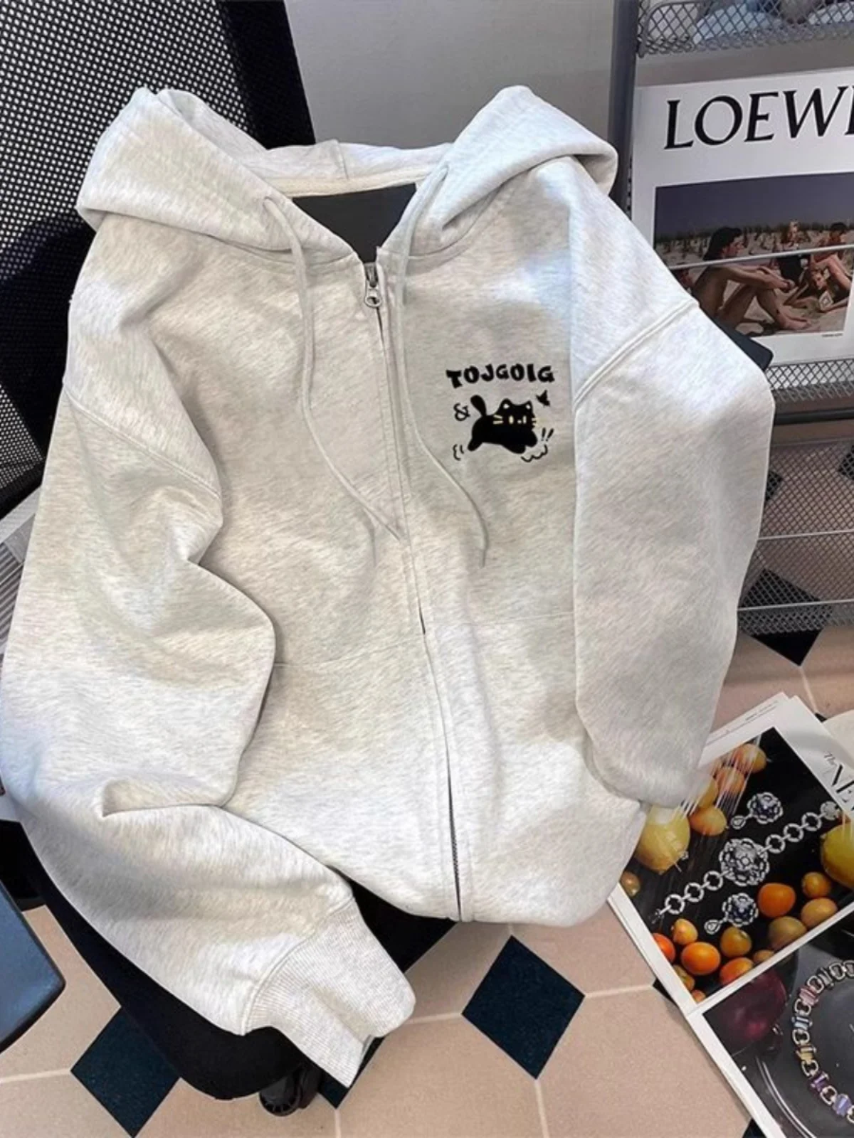 

Japanese Lazy Embroidered Hoodie Women's Spring Autumn Winter Thickened Warm Zipper Jacket Loose Fit Long Sleeve Sweatshirt