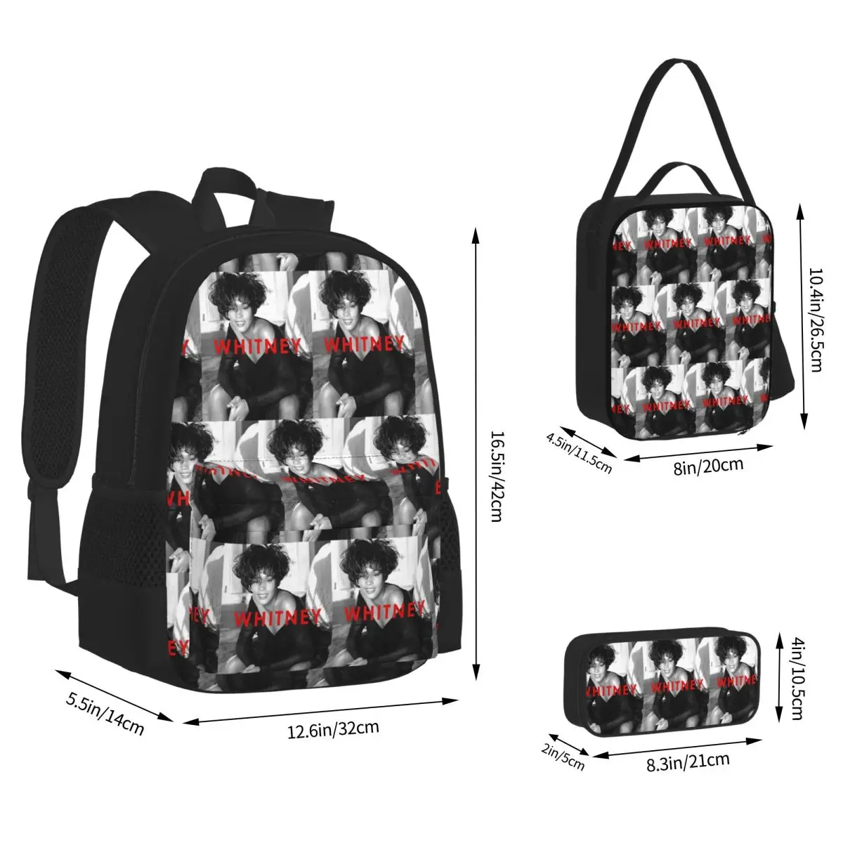 Vintage Whitney Houston Inspired Backpacks Boys Girls Bookbag School Bags Children Rucksack Lunch Bag Pen Bag Three-Piece Set