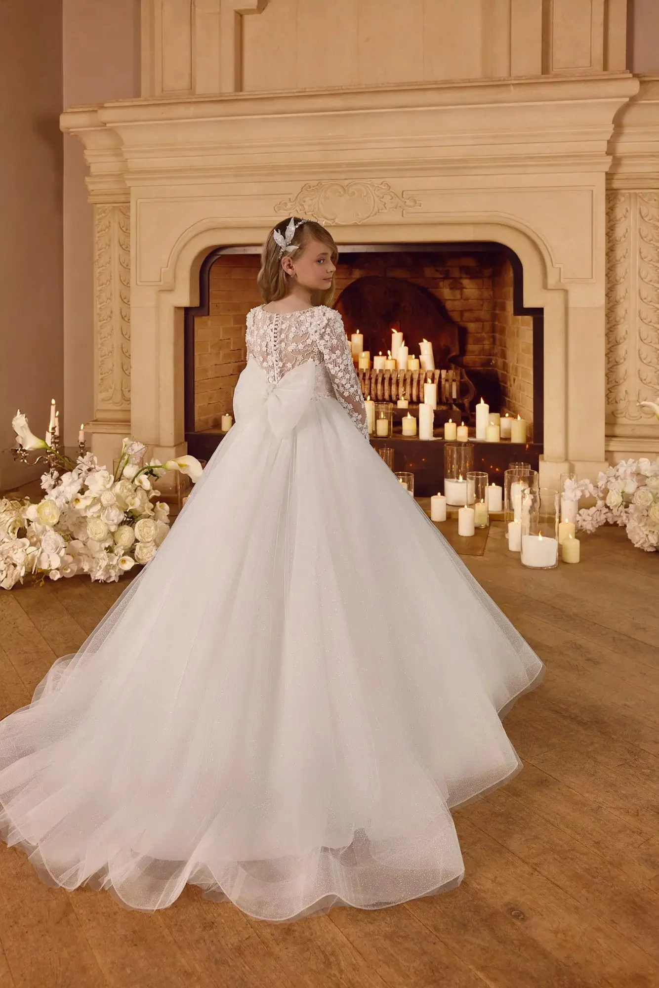 Vestido de niña de flores de color marfil personalizado para boda, cuello redondo, mangas completas, apliques hinchados, vestido de primera comunión para fiesta de cumpleaños de bebé