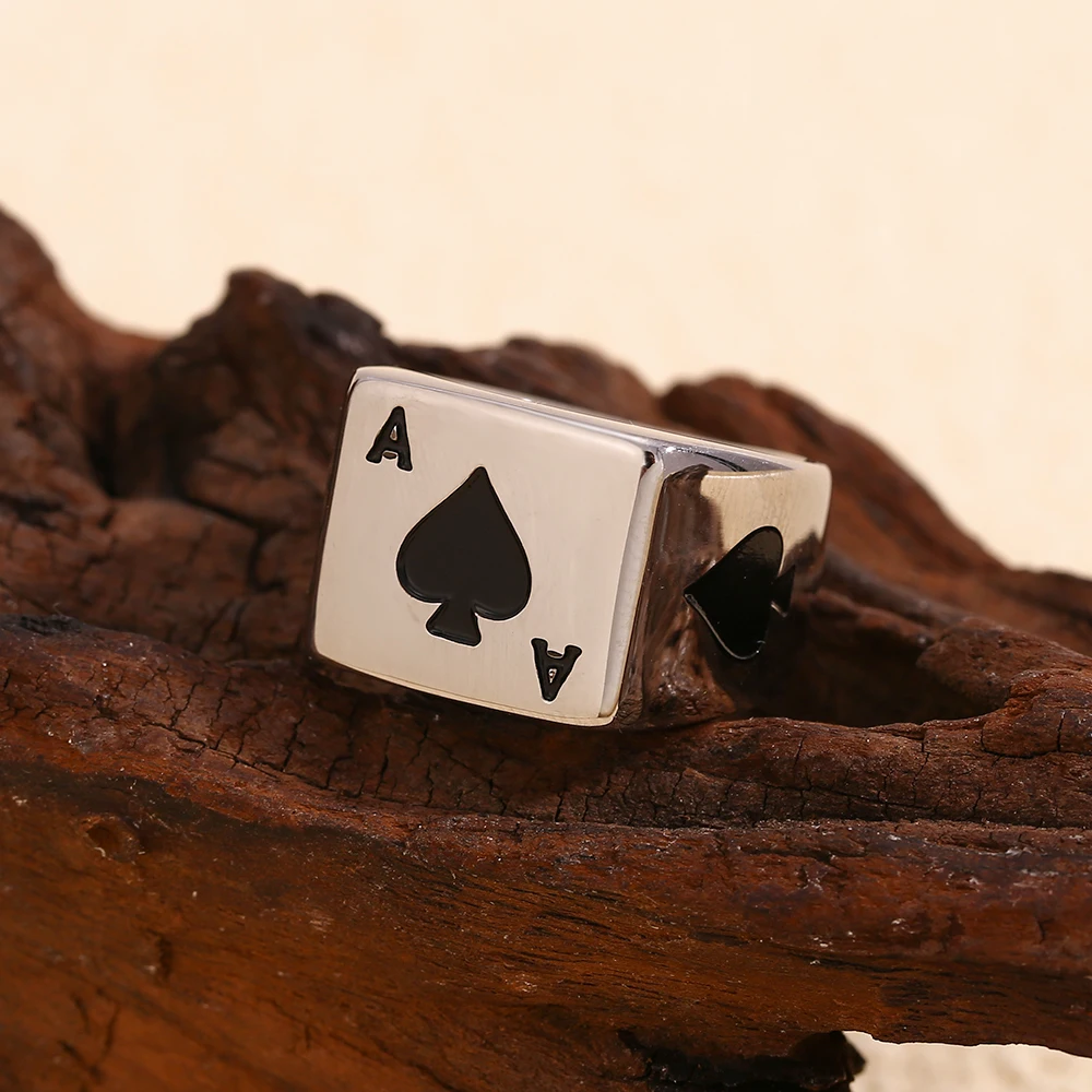 E.B.belle Card Spades A Pattern Ring Vintage Style Square Shape Men Jewelry Waterproof Hypoallergenic Stainless Steel 18K Plated image 3
