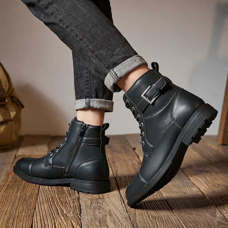 Anti Slip Retro Man Leather Boots Lace Up High Top Ankle Boots Autumn Winter Outdoor Men Martiin Boot Side Zipper Tooling Boots
