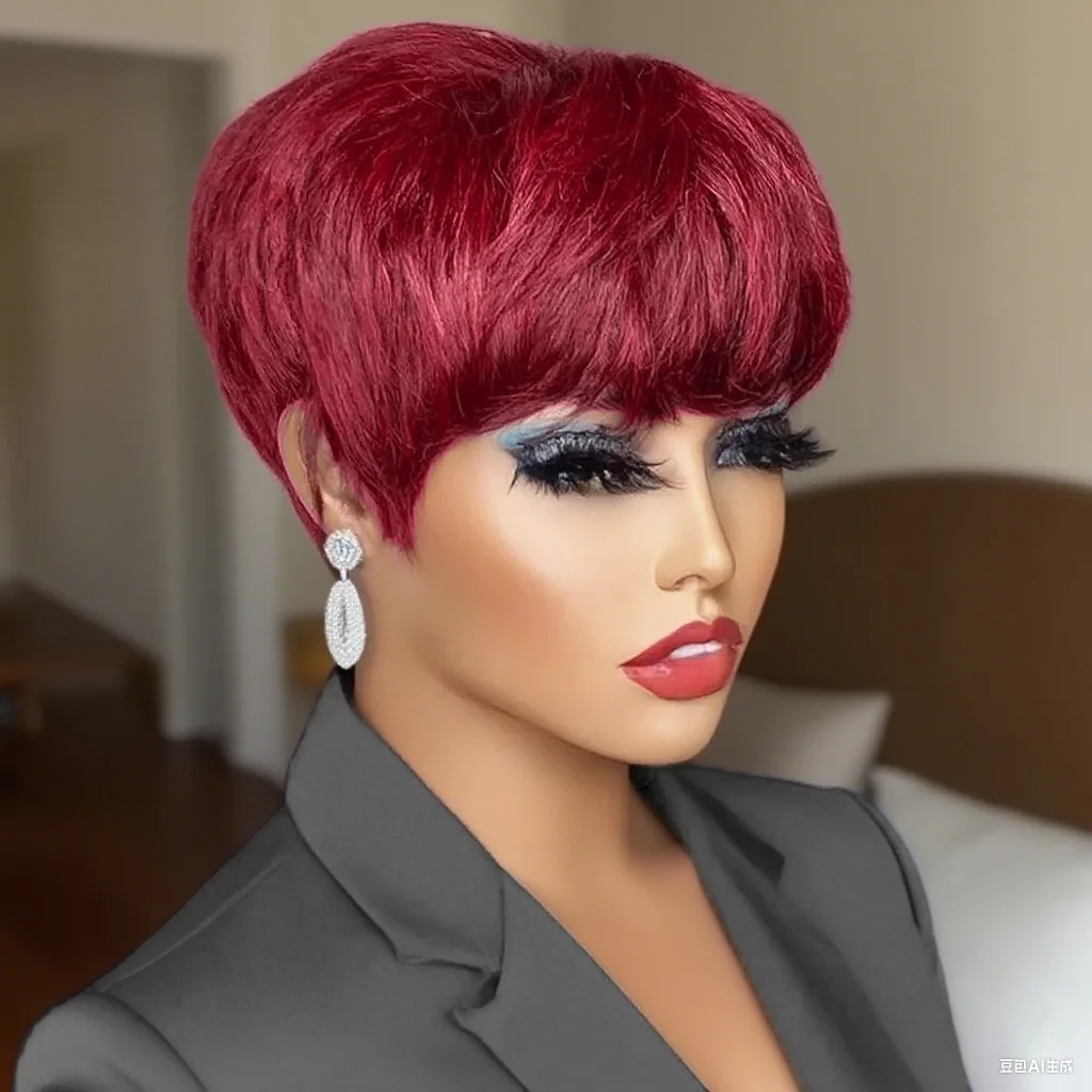 짧은 레이어드 픽시컷 인모 가발 앞머리 포함 풀 머신 메이드 브라질리언 인모