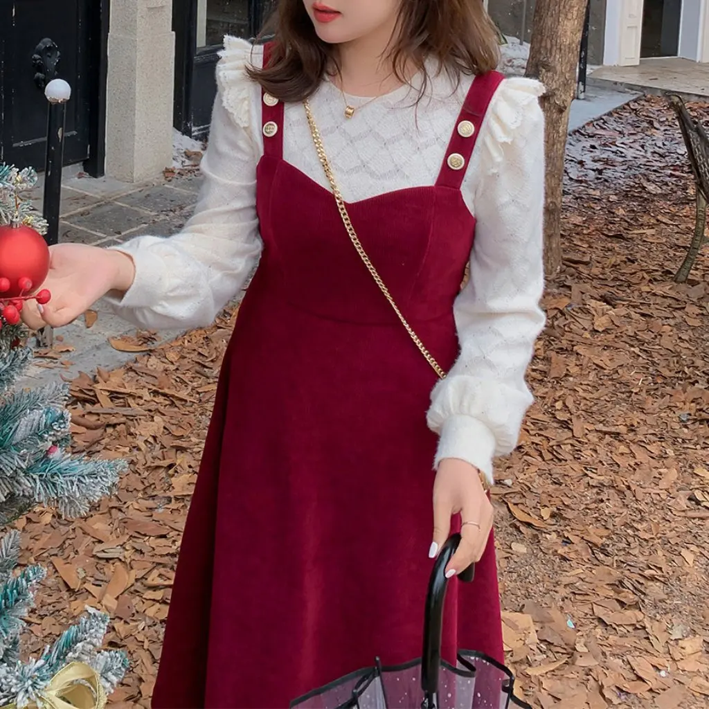 K2209 grande taille nouvel an mode costume décontracté robe rouge deux pièces ensemble dentelle fond chemise jupe à bretelles pour les femmes