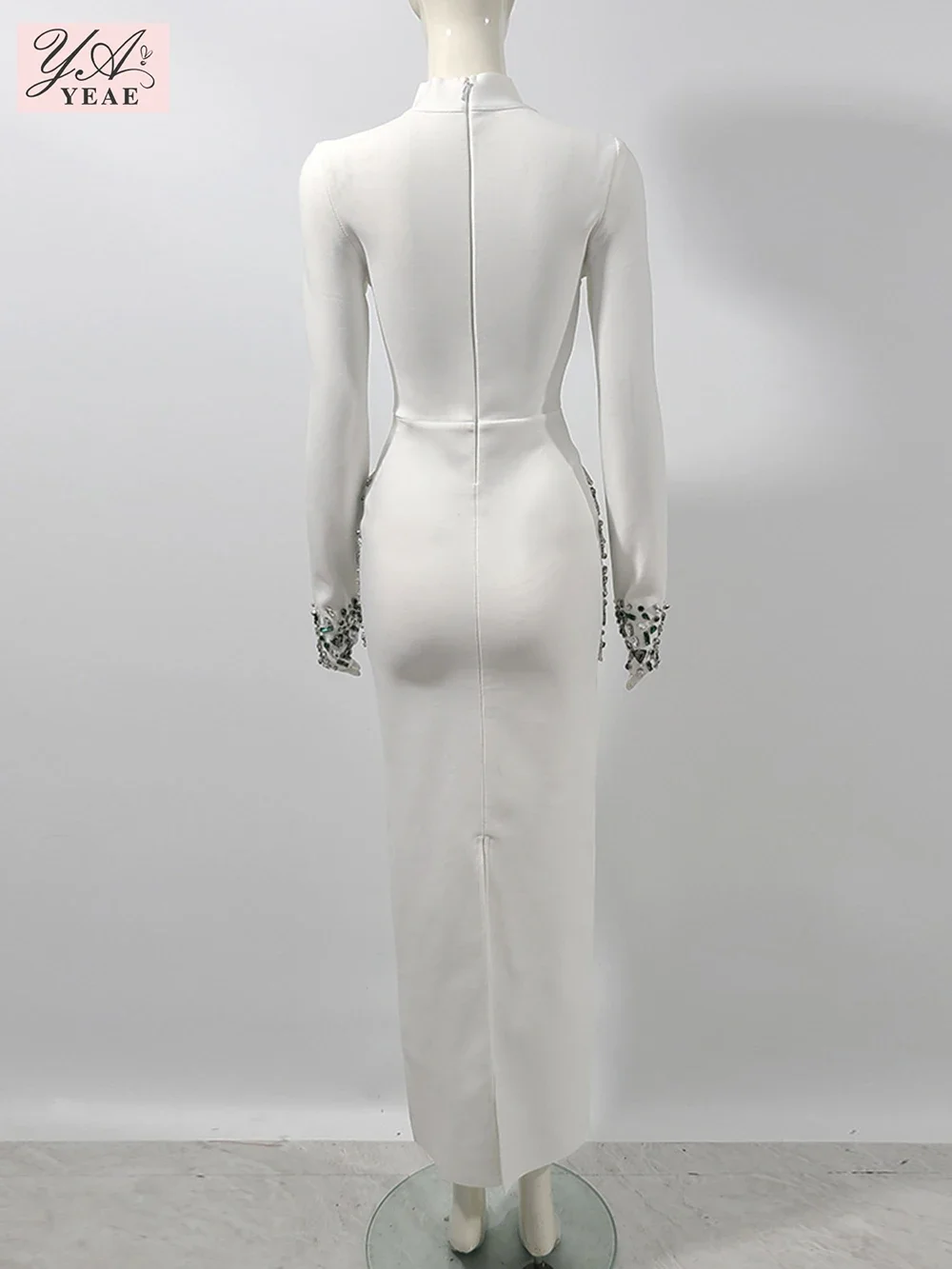 Elegant Women Diamond Celebrity Evening Bandage Maxi Dress White Long Sleeved Sexy Luxury Bodycon Cocktail Party Gown