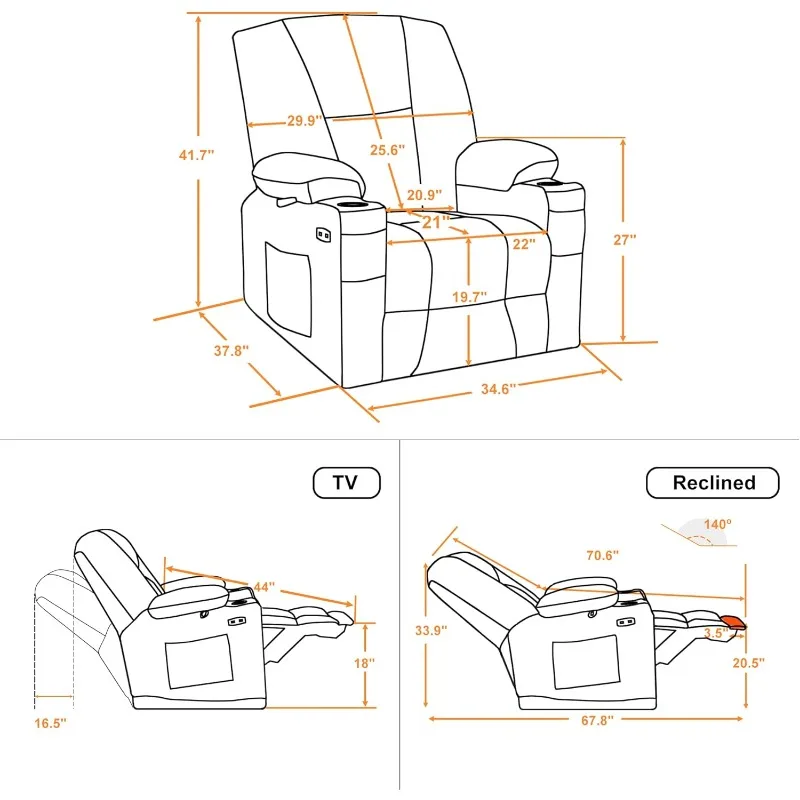 Fabric Electric Power Recliner Chair with Heat and Massage, Cup Holders, USB Charge Ports, Extended Footrest, Cloth Powered