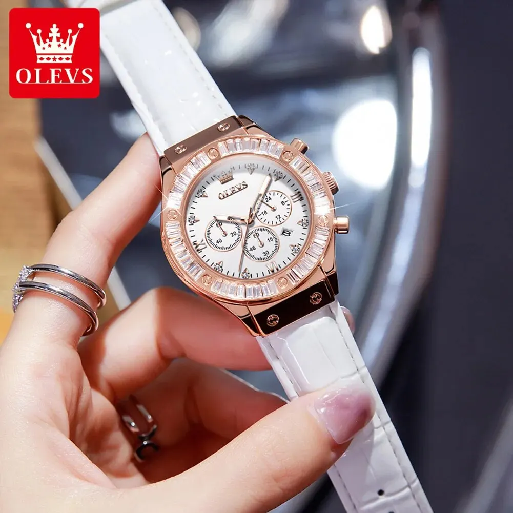 OLEVS 9978 Luxury Quartz Watch for Women Fashion Leather Strap Diamond Lap Ladies Wristwatch Top Brand Women\'s Chronograph Watch