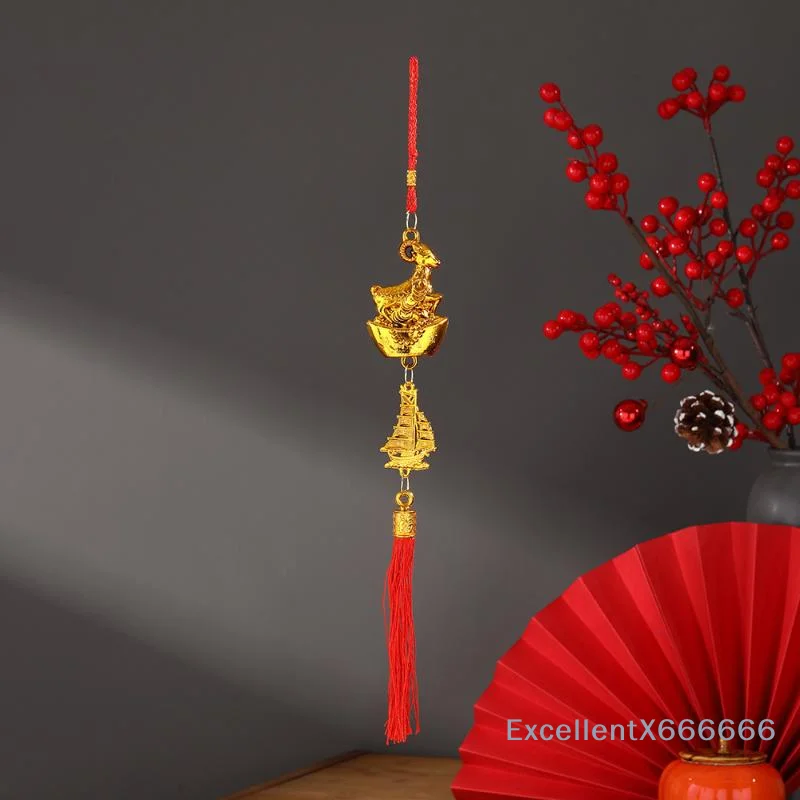 2027 Lunar New Year Goat Hanging Decor Gold Lucky Print Red Tassels for Spring Festival Holiday Party Decoration