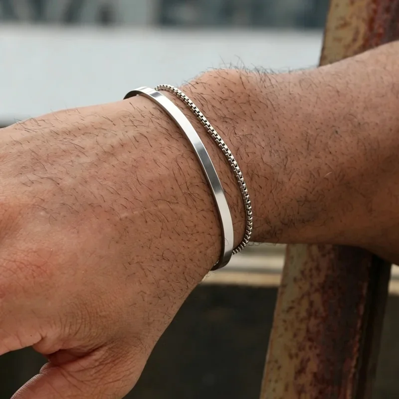 Minimalist Two-Piece Silver Bracelet Set Smooth Open Cuff With Box Chain Waterproof Stainless Steel Male