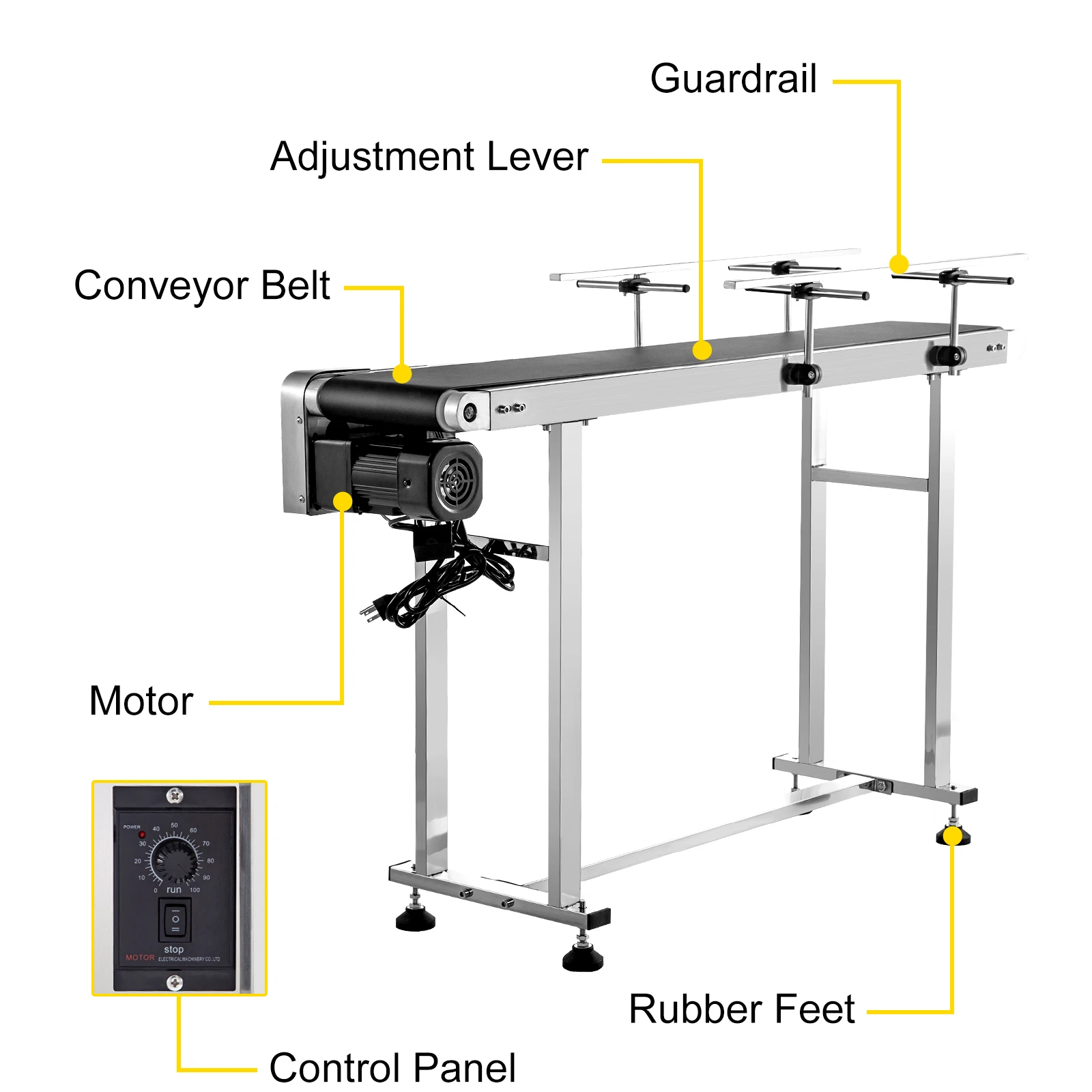 VEVOR PVC Stainless Steel Belt Conveyor Automatic Speed Control Motorized Conveyor with Adjustable Double Guardrail for Industry