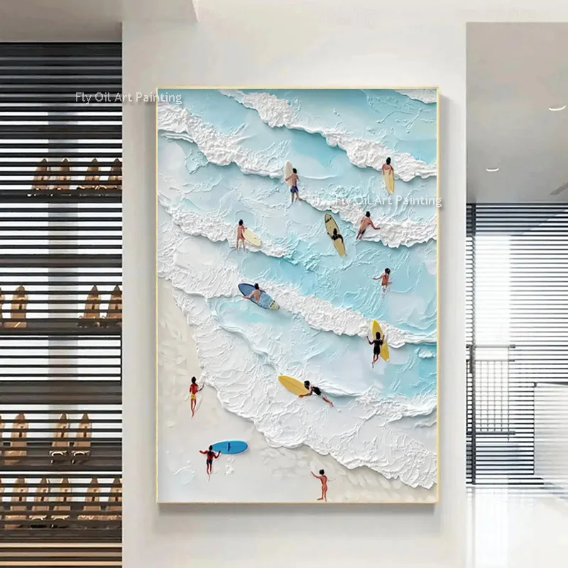 Large New Design Handmade Blue White Knife Thick Seaside Wall Art On Canvas Original People Playing By The Sea Oil Painting