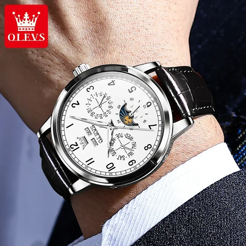 OLEVS 6698 Mechanical Automatic Watch Men Multifunctional Luminous Wristwatch Waterproof Leather Strap Mens Watches Gifts