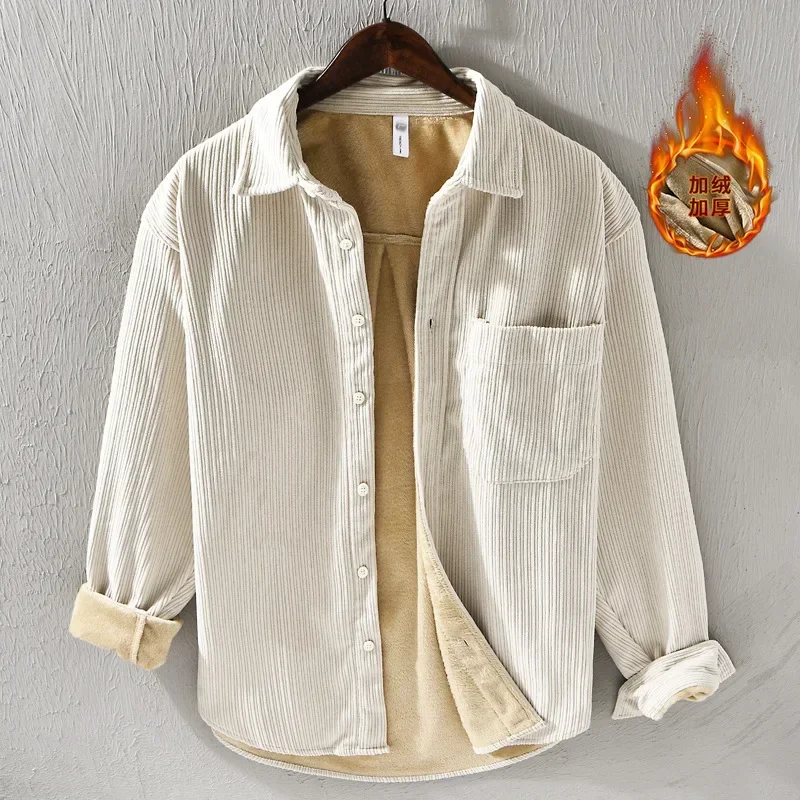 Winter Shirt Men Daily Casual Keep Warm Mens Top Thicken Clothes Lapel Japanese Vintage Corduroy Fleece Shirt with Pocket Simple