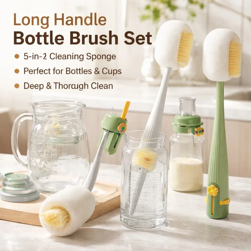 5-in-1 Long Handle Mug Scrubber Household Washer for Thermos Baby Bottle Sponge Gap Kitchen Drinkware Sanitary Cleaning Tool