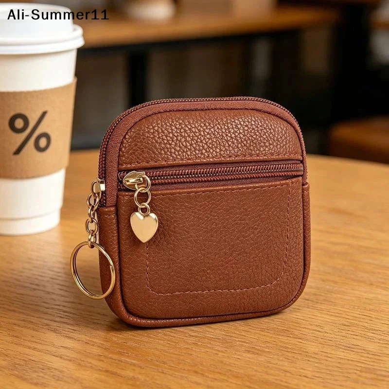 【A11】Portable Mini Leather Coin Purse With Heart Charm Keychain Zippered Small Wallet For Women