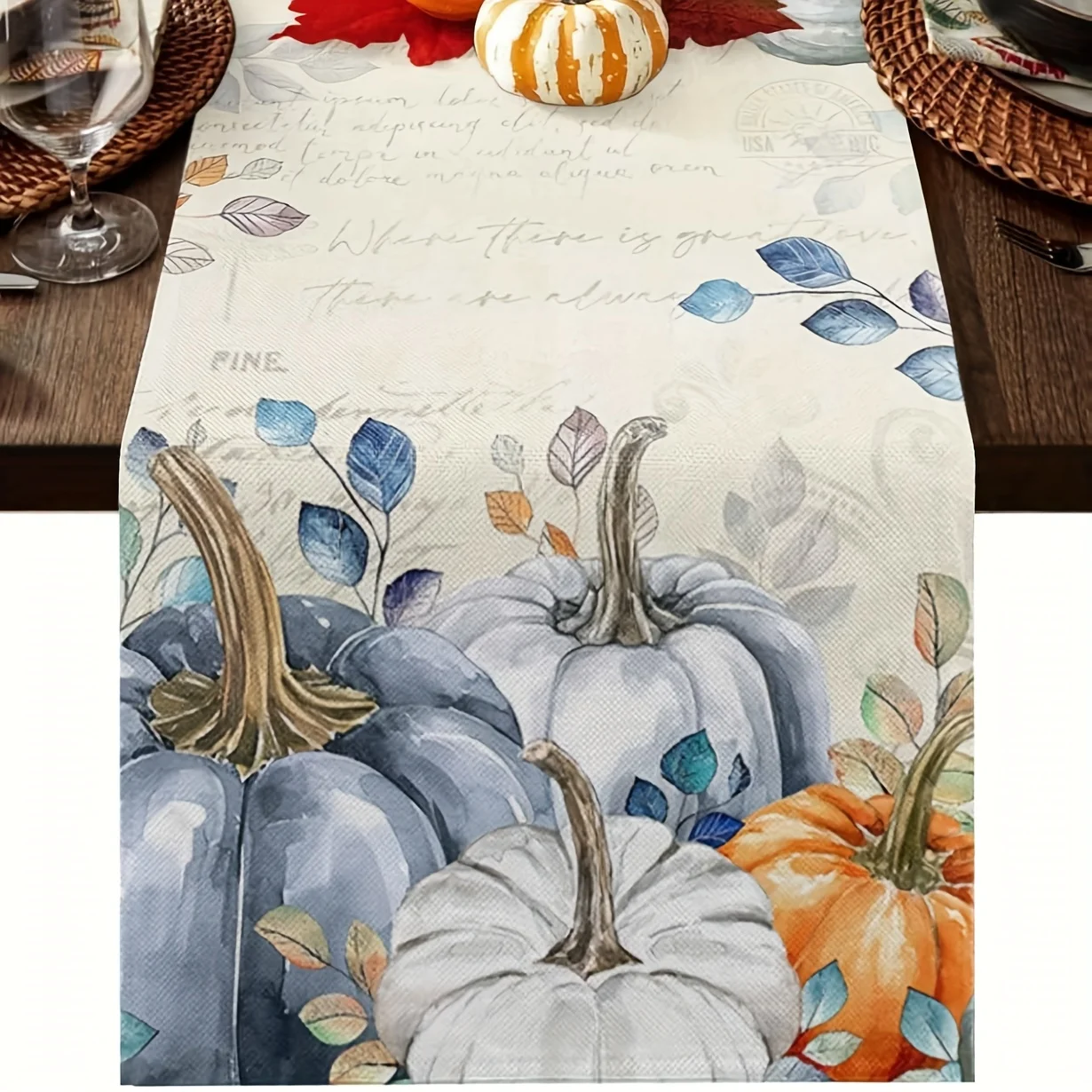 1 Piece of Halloween-Themed Table Runner, Blue Pumpkin and Green Eucalyptus Leaf Design, Suitable for Parties, Restaurants, Homes, Markets, and Holiday Decoration Scenes.