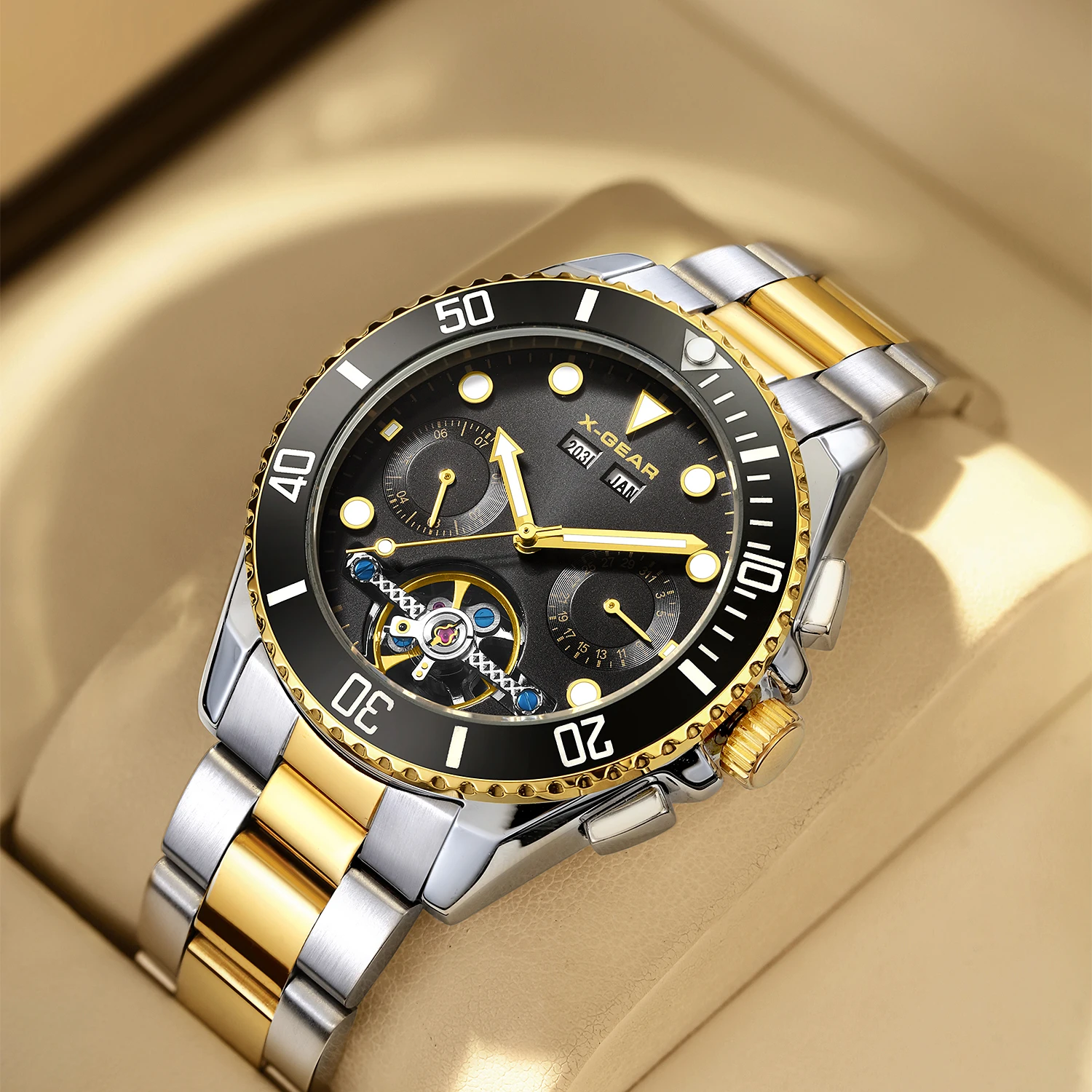 ساعة X-GEAR للرجال ميكانيكية خضراء عصرية من الفولاذ المقاوم للصدأ مقاومة للماء ومضيئة ومتعددة الوظائف توربيون أوتوماتيكي فاخر
