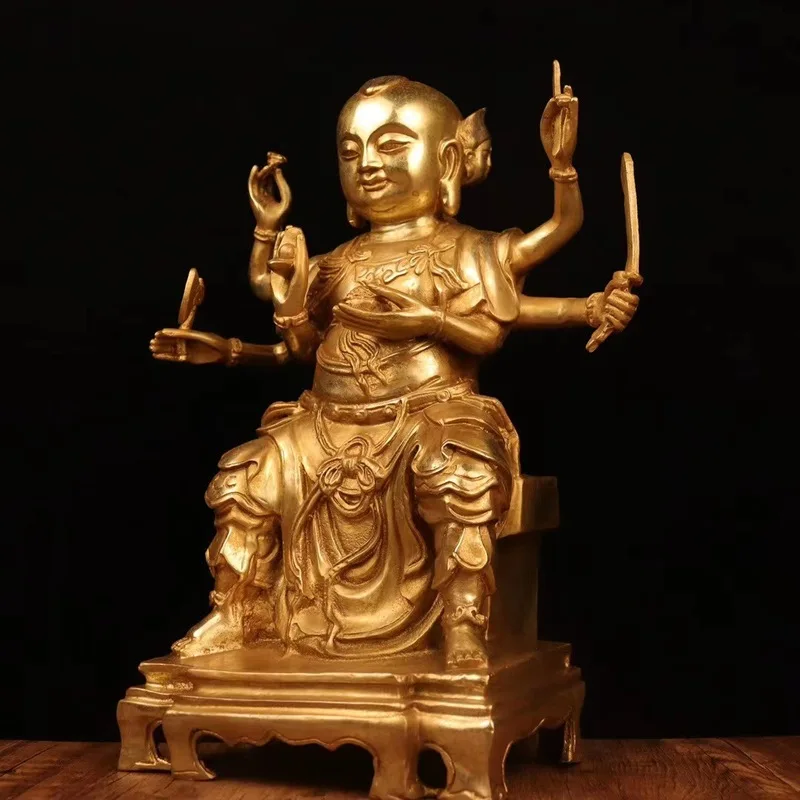 Antique-style gilded all-brass Nezha Three-Prince three-headed six-armed figurine, statue, Buddha image, gift, home decoration,
