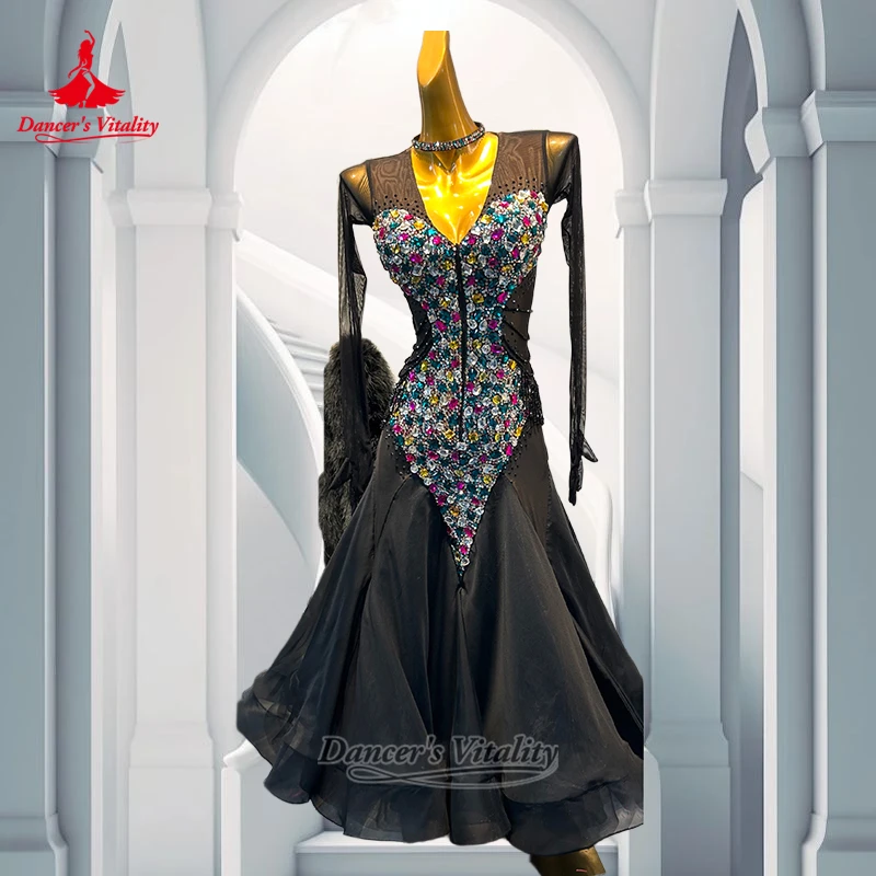 Ballroom Dance Mesh Splicing Long Sleeves Dresses with Necklace Advanced Customize Female Waltz Foxtrot Outfit Dancer's Vitality