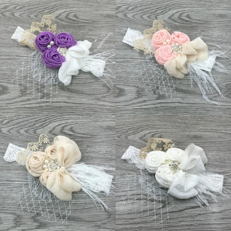 Lace Headband Baby Satin Flower Headband Baby Girl Headwraps Newborn Photo Props Diamond Pearl Feather Wedding Headband for Baby