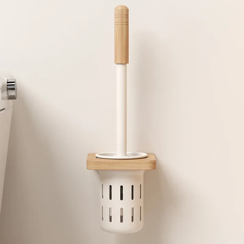 HeMu Hollow Drainage Wall Mount Toilet Brush, Wood Handle & Wood Base Cleaning Set for Family Bathroom Restroom