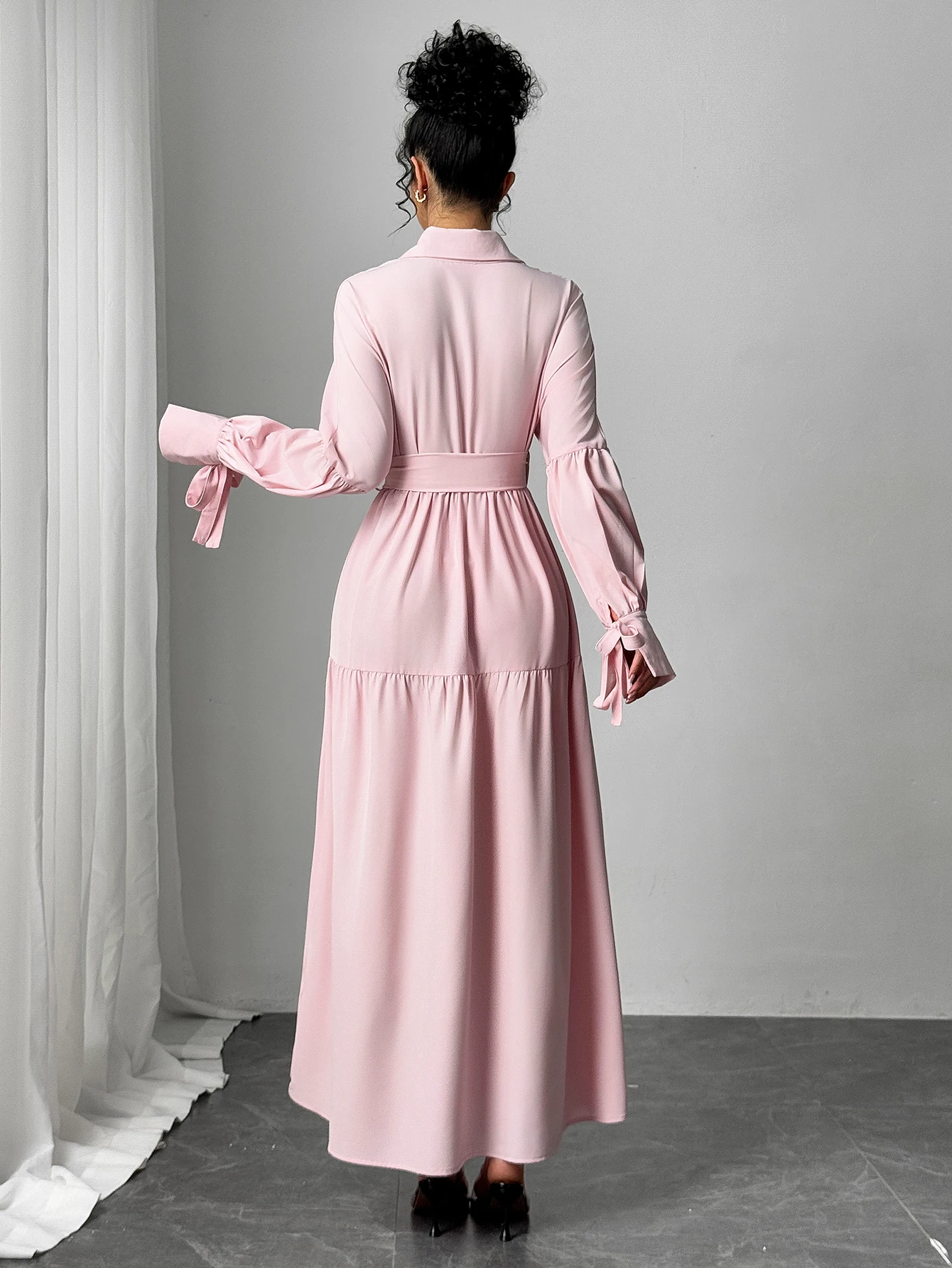 Primavera verão feminino luz rosa vestidos camisa colarinho laço puff manga auto-gravata em camadas maxi vestido elegante vestido diário