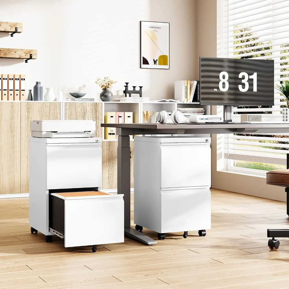 2 Drawer File Cabinet with Lock, Small Rolling Filing Cabinet for Home Office, Printer Stand, White
