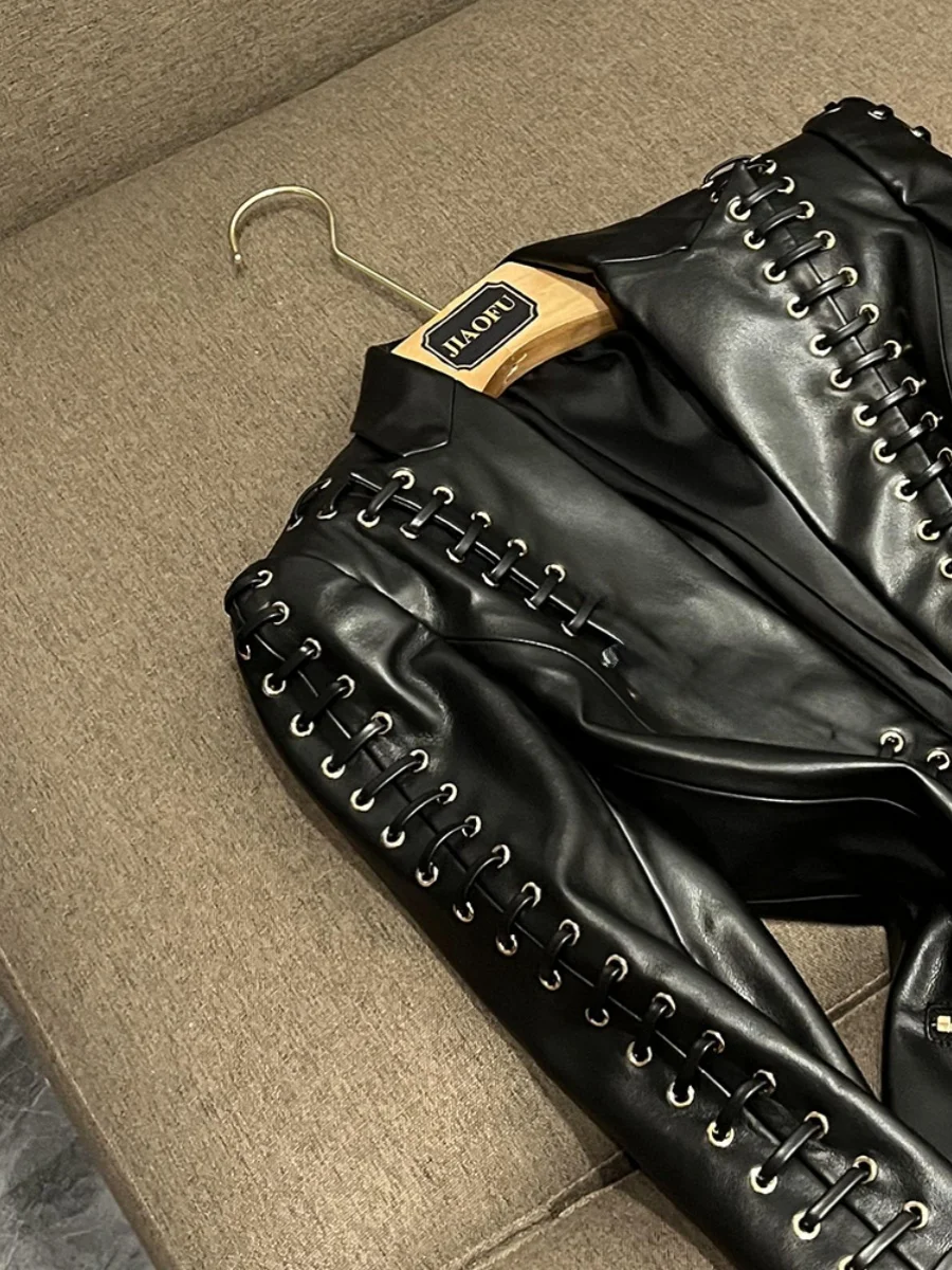 Faionable Star Sle Heavy Du Abrigo de traje Jaet de cuero ajustado con cinturón A20655ZB Commute Sle Cuero sintético Largo S...