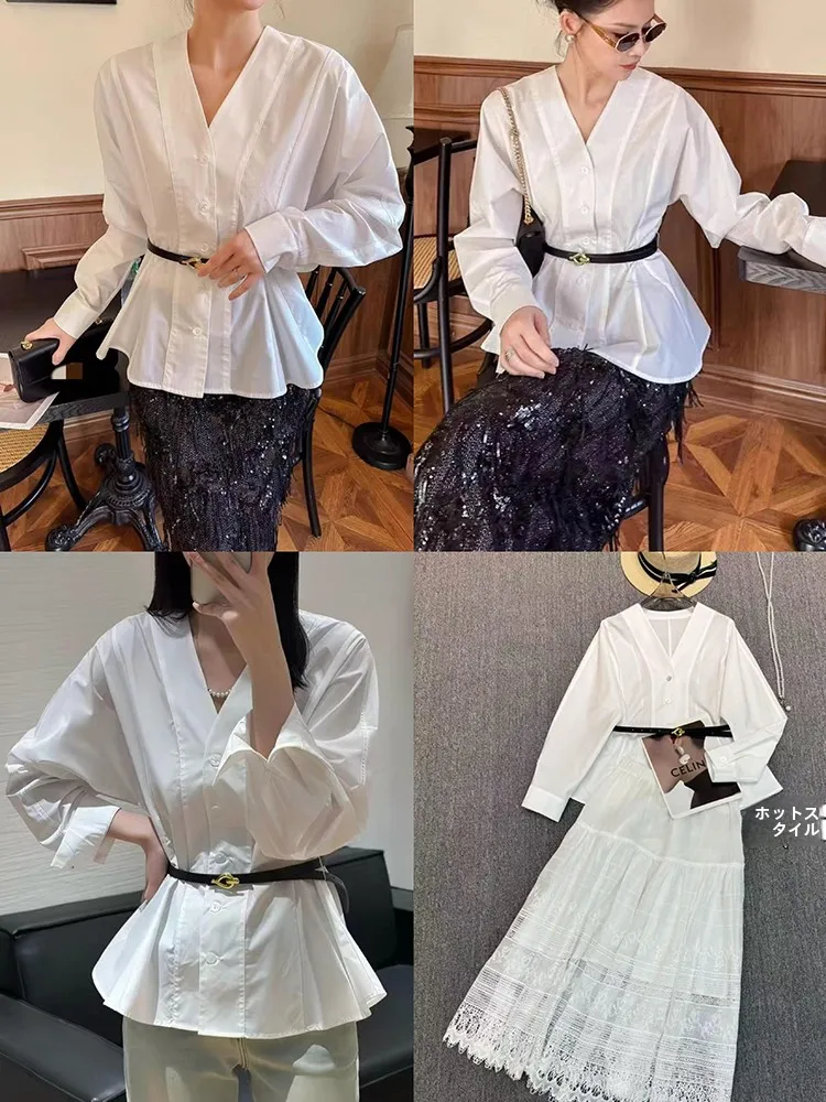 

Slimming Belted Cotton irt Women's Busin Casual Sle V-Ne Long Sve Spring 2026 Ele Office Elite Faion