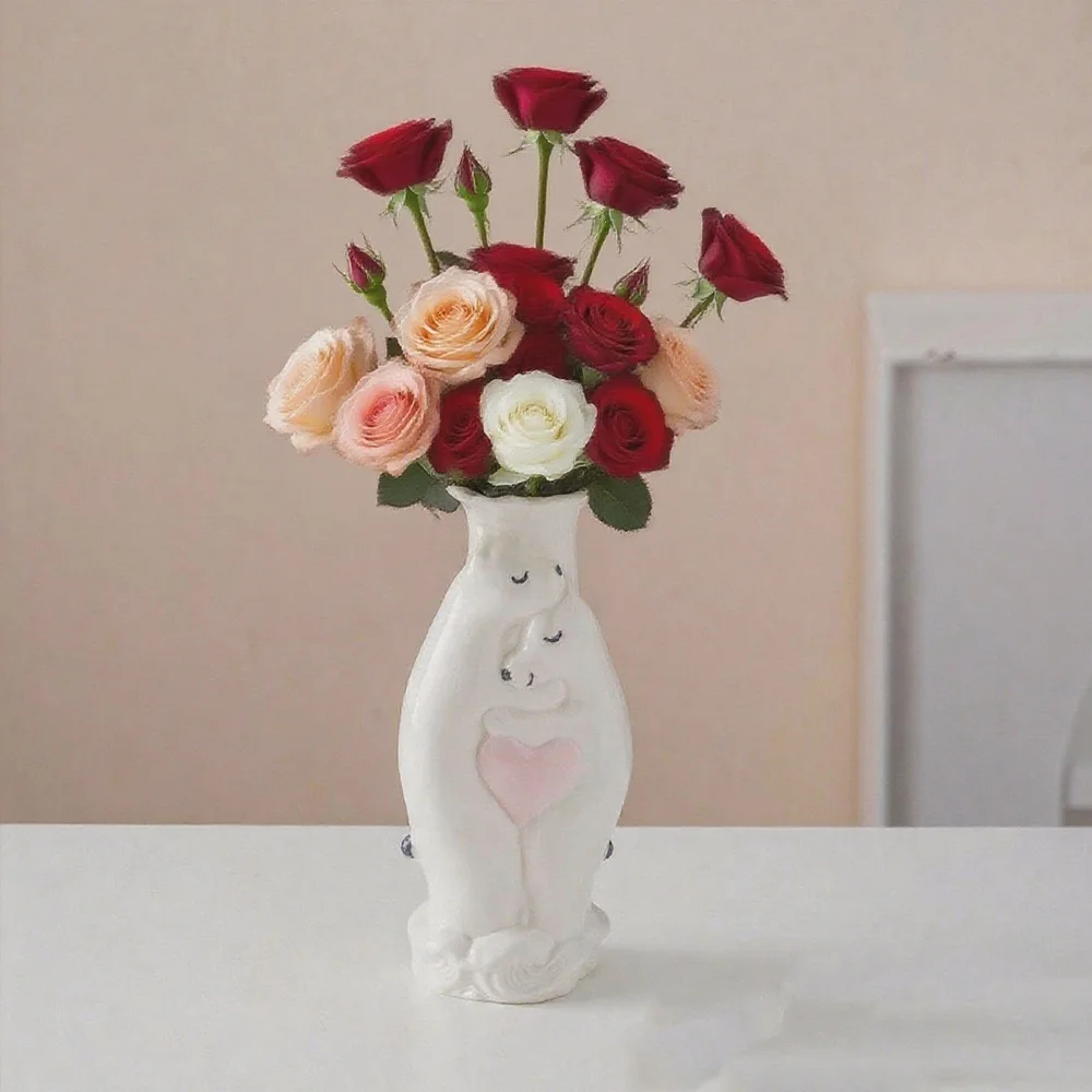 White Ceramic Vase with Embracing Couple & Heart Relief Romantic Lover Sculpture Flower Vase for Wedding Valentine Home  Decor