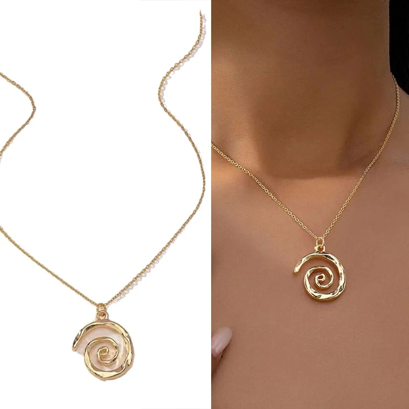 Metal Hollow Vortex Spiral Pendant Necklace For Women Men Punk Cavicle Chain Necklace Jewelry