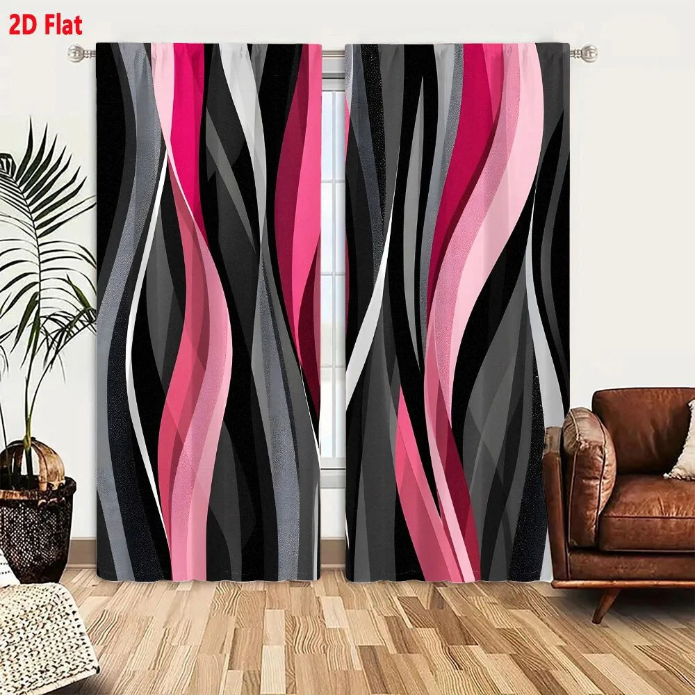 2Pcs Curtains Abstract Geometric Pattern With Flowing Wavy Lines In Pink Black And Silver For Textiles And Wallpaper Window Drap