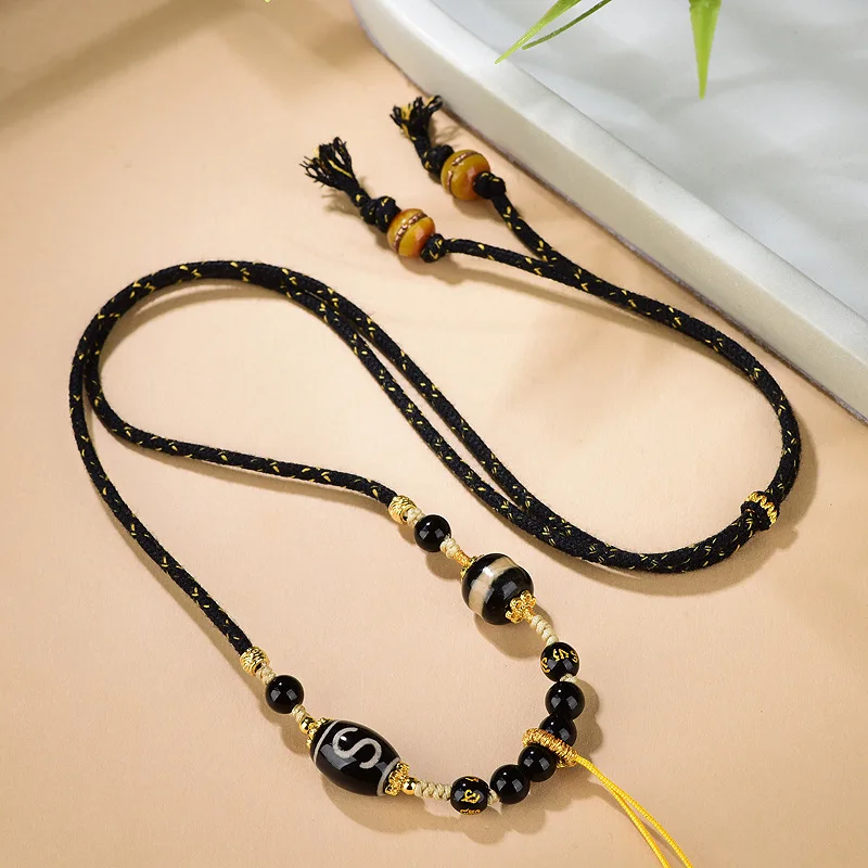 

Handwoven 8 Strands Pendant Cord Ethnic Retro Tiger Tooth Dzi Agate Necklace for Men Women Wenwan Tangka Hanging Rope Gifts