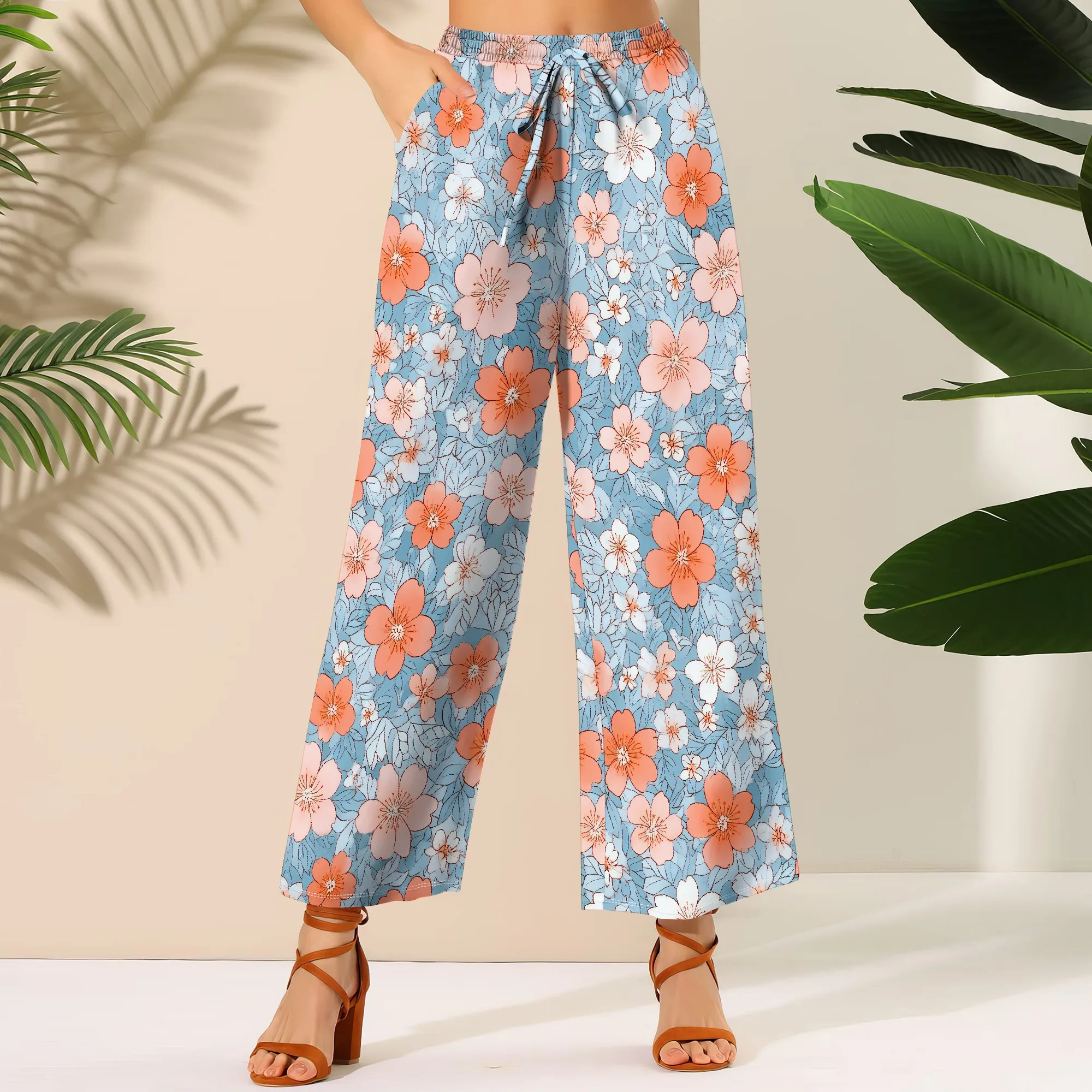 

Women's Floral Palazzo Elastic Waist Casual Wide Leg Tropical Beach Pants