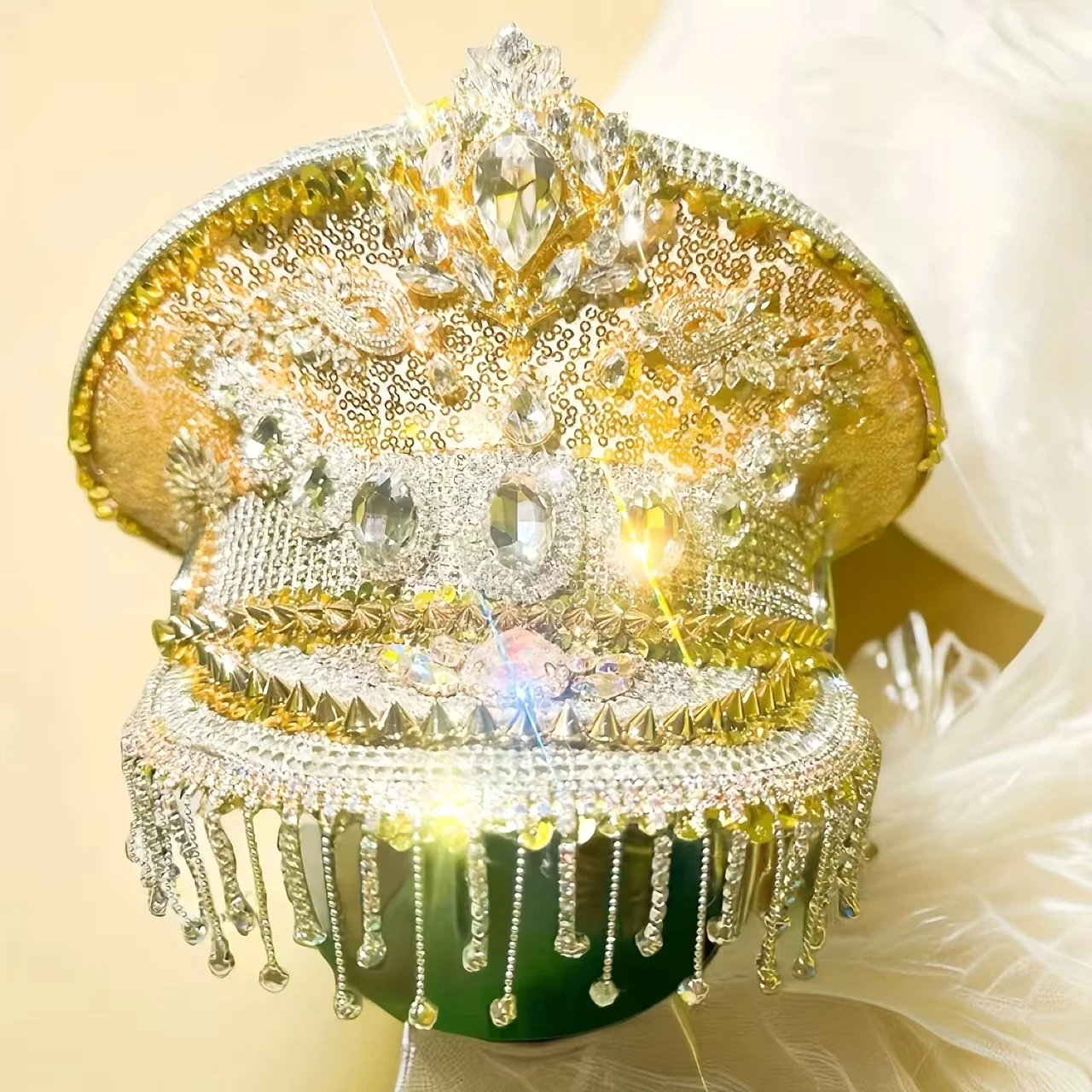 

HongLuan Luxury Golden Steampunk Captain Hat Rhinestone for Burningman Festival Woman, Military Assessories, Military Cap