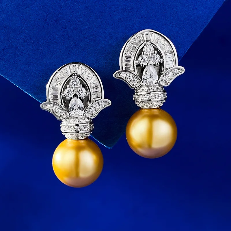 S925 pure silver artificially synthesized 11mm gold pearl earrings, fashionable and vintage style, popular in Europe and America