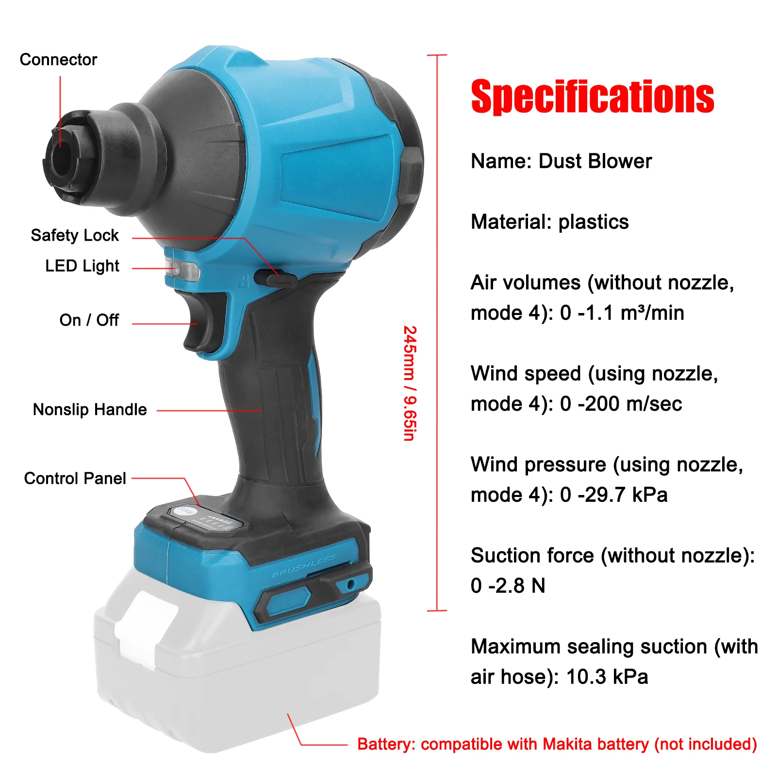 Cordless Air Dust Machine Stepless Speed Regulation Rechargeable Electric Inflator Cleanner Dust Blower Fan For Makita Battery