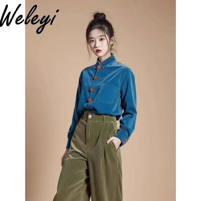 Super Cutecore Wear A Set of Ropa Mujer Streetwear 2024 Spring Clothes Chinese Style Corduroy Blouse Women's Pants Two Piece Set