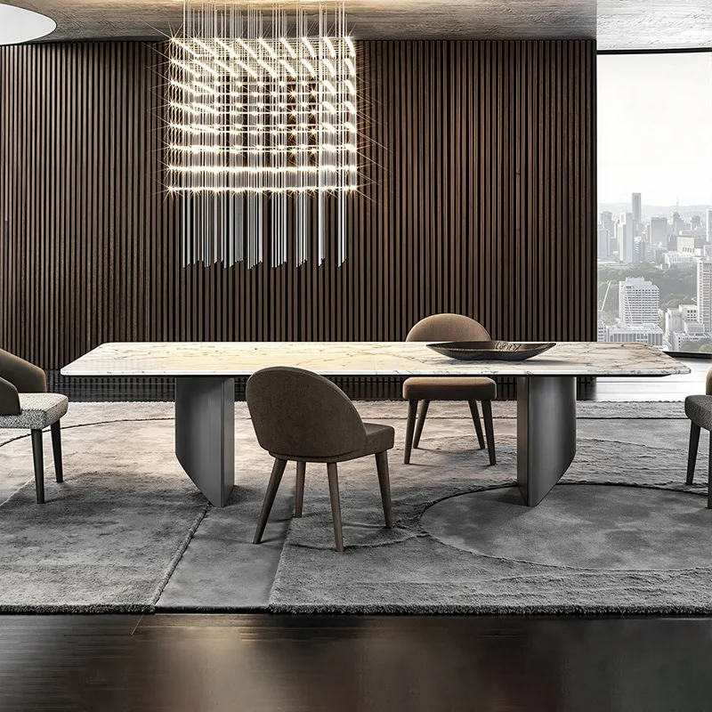 Rock slab dining table rectangular 8-person stainless steel dining table