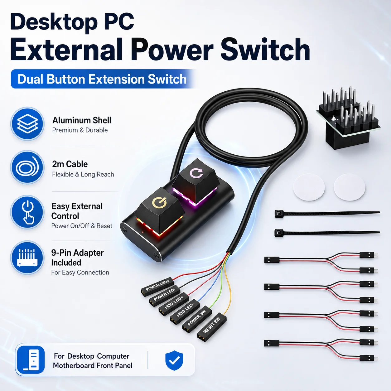Desktop PC External Power Switch Dual Button Reset Extension Cable 2m Aluminum Shell 9-Pin Motherboard Front Panel Switch