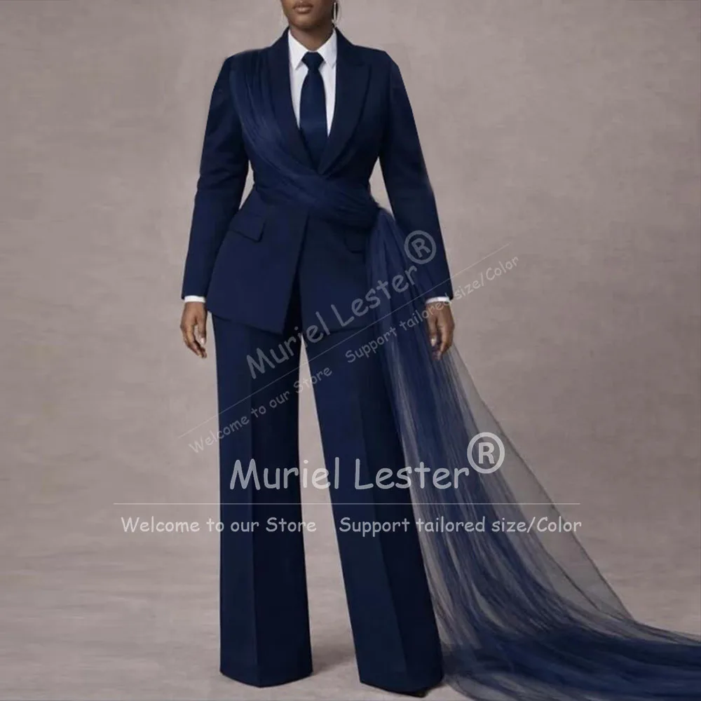 Handmade Suit Women Unique Design Single Breasted Jacket With Tulle Cape Long Customized 2 Pieces Lady Business Party Clothing
