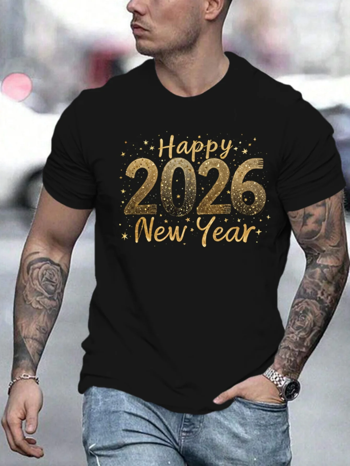 تي شيرت رجالي مطبوع عليه سنة جديدة سعيدة لعام 2026 كاجوال قابل للتمدد قليلاً وأكمام قصيرة ورقبة دائرية ملابس خارجية.