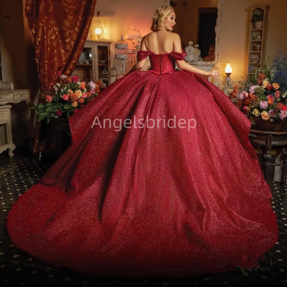 Angelsbride Burgundy Ball Gown Quinceanera Dresses Birthday Party Dress Shiny Tulle Tiered Graduation Vestidos De 15 Anos