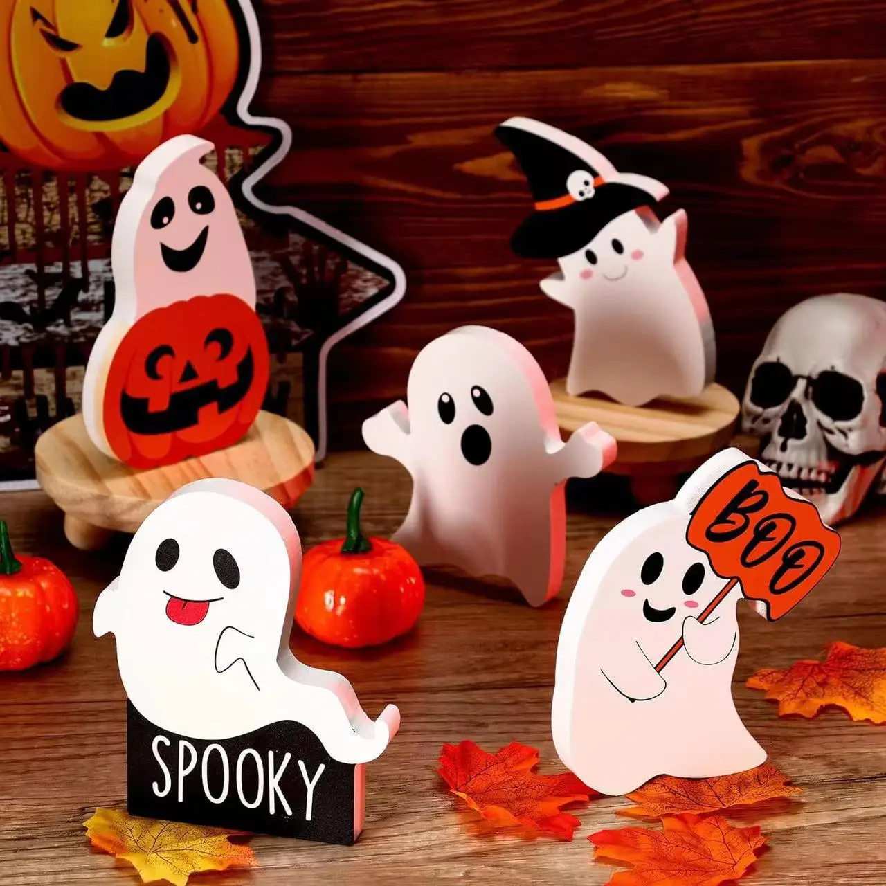 

5pcs Halloween Wooden 3D Ornaments Pumpkin Ghost TRICK OR TREAT Wooden Pendants Halloween Decor Party Props For Home Table Decor