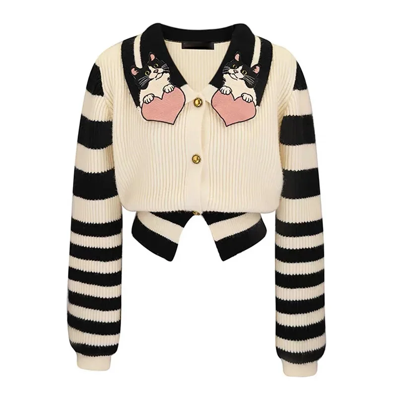 Cartoon Embroidered Stylish Knit Cardigan Sweater Women Striped Elegant Fashion Chic Knitwear 2024 Spring Long Sleeve Jumpers