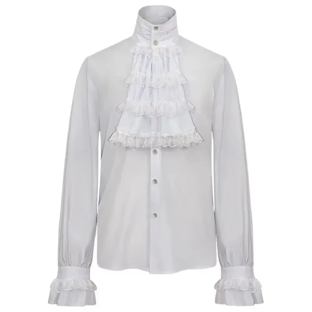 Men's Gothic Cotton & Lace Shirt - Ruffled Stand Collar Top for Pirate Cosplay, Halloween & Medieval Costume Events